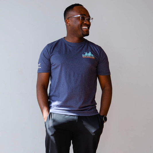 All Gender Run Holland Poly-Cotton Short Sleeve - Heather Navy/White Foldover Woven Square Patch w/ Light Gray Gazelle